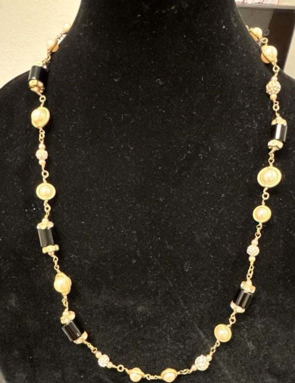 J.Crew Long Gold Necklace with Cream Pearls and Black Beads